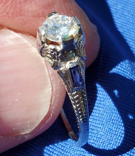Load image into Gallery viewer, Earth mined Diamond Deco design Engagement Ring Vintage Sapphire Solitaire setting 14k White Gold