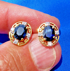Earth mined Sapphire and Diamond Deco Design Earrings Button Studs 14k Gold