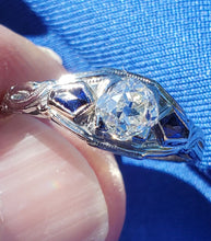 Load image into Gallery viewer, Earth mined Cushion cut Diamond and Sapphire Engagement Ring Antique 18k White Gold Solitare