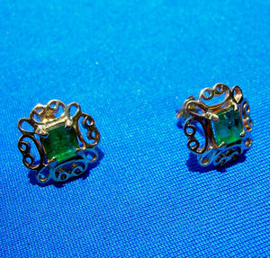 1 carat Earth mined Emerald Deco Earrings Unique Vintage Design Ear Studs 14k Gold