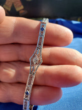 Load image into Gallery viewer, Genuine Diamond Sapphire Art Deco Antique Line Bracelet. Vintage Design Filigree Rhodium and 14k Gold Bracelet