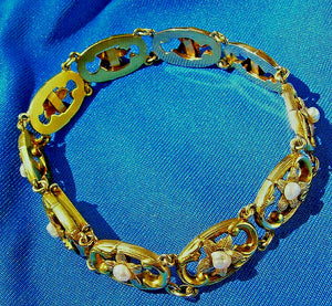 Antique Art Nouveau Gold and Pearl Bracelet Unique Deco Solid 14k 2 tone Links