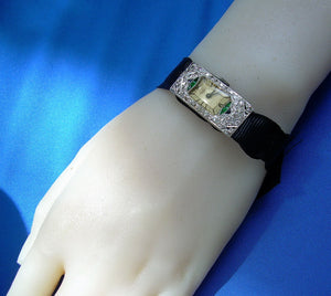 Rare Vintage Art deco Diamond Emerald Sapphire Deco Watch. Rolex Movement. Antique Platinum Case
