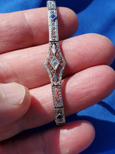 Load image into Gallery viewer, Genuine Diamond Sapphire Art Deco Antique Line Bracelet. Vintage Design Filigree Rhodium and 14k Gold Bracelet
