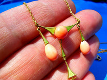 Load image into Gallery viewer, Art Deco Art Nouveau Coral Guilloche Enamel Necklace 14k Gold 18" inch Chain
