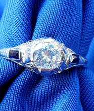 Load image into Gallery viewer, Earth mined Diamond Deco design Engagement Ring Vintage Sapphire Solitaire setting 14k White Gold