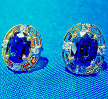 Load image into Gallery viewer, Earth mined Sapphire and Diamond Deco Design Earrings Button Studs 14k Gold