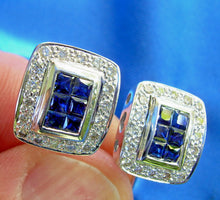 Load image into Gallery viewer, Earth Mined Diamond Sapphire Deco Earrings Vintage Style Geometric Stud 14k White Gold