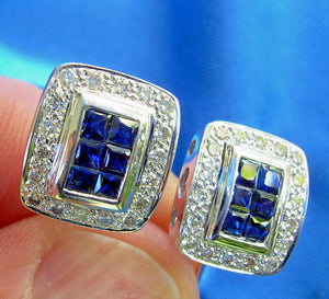 Earth Mined Diamond Sapphire Deco Earrings Vintage Style Geometric Stud 14k White Gold
