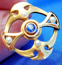 Load image into Gallery viewer, Art Deco Sapphire and pearl Brooch 14k Gold Unique Vintage Design Geometric Pin