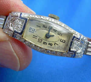 Earth mined Diamond Sapphire Deco Platinum Ladies Watch 1920s Vintage Design Case