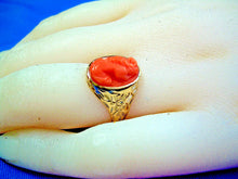 Load image into Gallery viewer, Antique Deco Mediterranean Coral Ring Victorian Engraved 10k Gold Setting SIZE 3.75