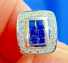 Load image into Gallery viewer, Earth Mined Diamond Sapphire Deco Earrings Vintage Style Geometric Stud 14k White Gold