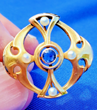 Load image into Gallery viewer, Art Deco Sapphire and pearl Brooch 14k Gold Unique Vintage Design Geometric Pin