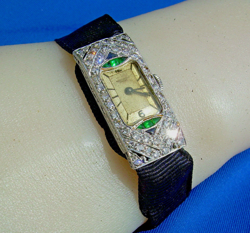 Rare Vintage Art deco Diamond Emerald Sapphire Deco Watch. Rolex Movement. Antique Platinum Case