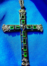 Load image into Gallery viewer, Earth mined Emerald and Rose cut Diamond Antique Cross Vintage Deco Pendant 14k White Gold