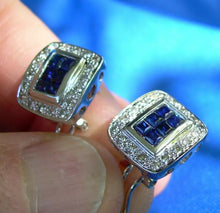 Load image into Gallery viewer, Earth Mined Diamond Sapphire Deco Earrings Vintage Style Geometric Stud 14k White Gold