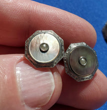 Load image into Gallery viewer, VINTAGE KREMENTZ ART DECO ENGRAVED PEARL CUFF LINKS OCTAGON PLATINUM DESIGN