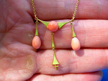 Load image into Gallery viewer, Art Deco Art Nouveau Coral Guilloche Enamel Necklace 14k Gold 18" inch Chain
