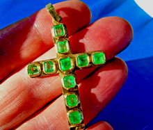Load image into Gallery viewer, Earth Mined EMERALD Deco Cross Pendant Elegant Design Charm Solid 14k Gold