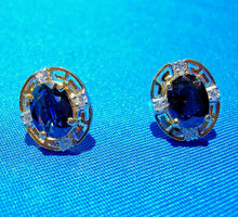 Load image into Gallery viewer, Earth mined Sapphire and Diamond Deco Design Earrings Button Studs 14k Gold