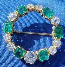 Load image into Gallery viewer, 10.2 carat Genuine Earth mined Cushion cut Diamond and Emerald Circle Deco Brooch Antique 18k Gold setting