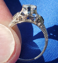 Load image into Gallery viewer, Earth mined Diamond Deco design Engagement Ring Vintage Sapphire Solitaire setting 14k White Gold