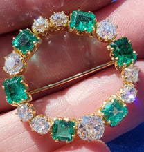 Load image into Gallery viewer, 10.2 carat Genuine Earth mined Cushion cut Diamond and Emerald Circle Deco Brooch Antique 18k Gold setting