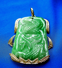 Load image into Gallery viewer, Genuine green Jade Dragon Pendant 14k Gold Deco Design Charm