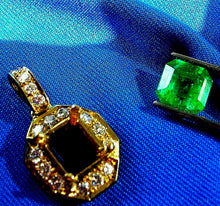 Load image into Gallery viewer, 3.04 carat Earth mined Emerald and Diamond Pendant Deco Halo Design 14k Gold Hand Crafted setting