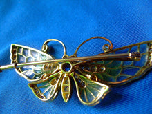 Load image into Gallery viewer, Earth mined Diamond Sapphire Deco Plique a Jour Enamel Brooch Filigree Nouveau Pin 18k Gold
