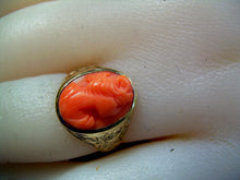 Load image into Gallery viewer, Antique Deco Mediterranean Coral Ring Victorian Engraved 10k Gold Setting SIZE 3.75