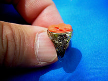 Load image into Gallery viewer, Antique Deco Mediterranean Coral Ring Victorian Engraved 10k Gold Setting SIZE 3.75