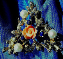 Load image into Gallery viewer, NATURAL Coral Pearls Lapis lazuli Brooch Floral Design Deco Solid 14k Gold