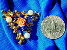 Load image into Gallery viewer, NATURAL Coral Pearls Lapis lazuli Brooch Floral Design Deco Solid 14k Gold