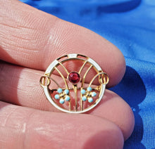Load image into Gallery viewer, Elegant Vintage Ruby Brooch Solid 10k Gold Guiloche Enamel Deco Pin