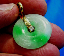 Load image into Gallery viewer, Exotic Genuine Jade and Diamond Vintage Deco Vivid Green and White Disc Pendant 18k Gold Charm