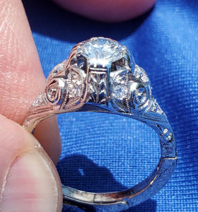 0.70 carat Earth mined European cut Diamond Deco Engagement Ring Vintage Platinum Solitaire