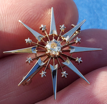 Load image into Gallery viewer, Natural Antique Cushion Diamond Deco Star Brooch Victorian 14k Rose Gold Pin