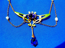 Load image into Gallery viewer, Diamond Amethyst Antique Necklace Art Deco Guilloche Enamel Krementz 14k