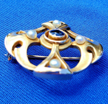 Load image into Gallery viewer, Art Deco Sapphire and pearl Brooch 14k Gold Unique Vintage Design Geometric Pin