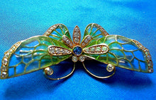 Load image into Gallery viewer, Earth mined Diamond Sapphire Deco Plique a Jour Enamel Brooch Filigree Nouveau Pin 18k Gold