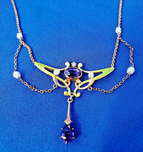 Load image into Gallery viewer, Diamond Amethyst Antique Necklace Art Deco Guilloche Enamel Krementz 14k