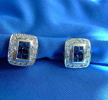 Load image into Gallery viewer, Earth Mined Diamond Sapphire Deco Earrings Vintage Style Geometric Stud 14k White Gold