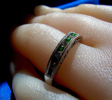 Load image into Gallery viewer, Diamond Emerald Art Deco Wedding Band 14K White Gold Filigree Design Anniversary Ring size 7