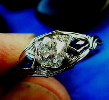 Load image into Gallery viewer, Earth mined Cushion cut Diamond and Sapphire Engagement Ring Antique 18k White Gold Solitare
