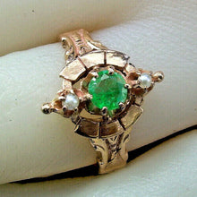 Load image into Gallery viewer, Unique Deco Emerald and Pearl Ring Antique Victorian 14k Solid Gold setting Size 6