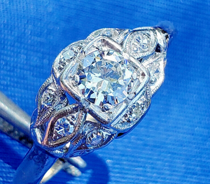 0.70 carat Earth mined Diamond Deco Engagement Ring Vintage Platinum Solitaire size 7.75