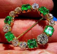 Load image into Gallery viewer, 10.2 carat Genuine Earth mined Cushion cut Diamond and Emerald Circle Deco Brooch Antique 18k Gold setting