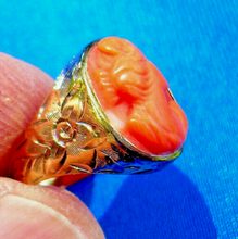 Load image into Gallery viewer, Antique Deco Mediterranean Coral Ring Victorian Engraved 10k Gold Setting SIZE 3.75